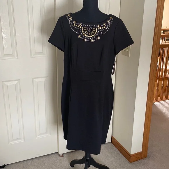 Lux Ii | Dresses | Nwt Black Gold Embellished Top Short Sleeve Dress Cute |  Poshmark